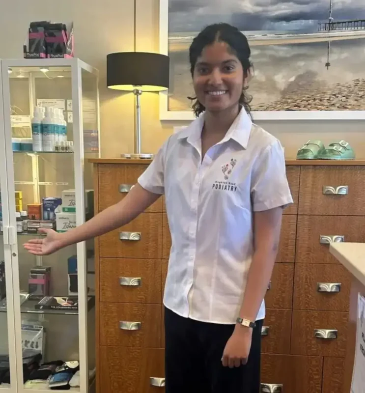 Sonia Gopinath, qualified podiatrist at Brighton Road Podiatry, welcoming patients and providing personalised care for foot health, lower limb function and mobility.